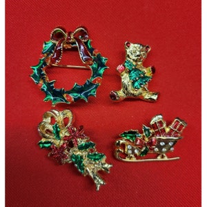 Christmas Brooches: Teddy Bear, Wreath, Poinsettia, Sleigh Pins