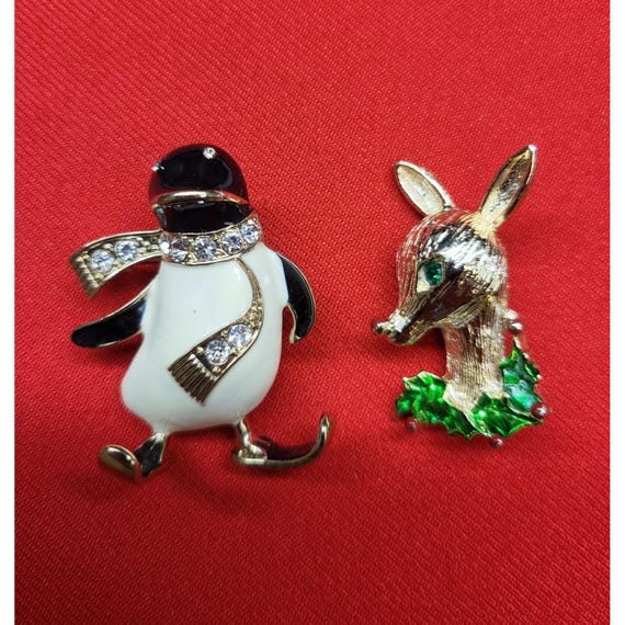 Christmas Penguin Gerrys Deer Pin Brooch Pendant Set of 2