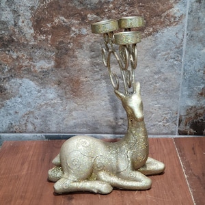 Gold Metallic Christmas Sitting Reindeer Tealight Candle Holder