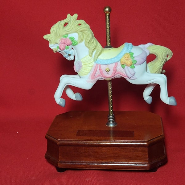 Vintage Musical Carousel Horse Bisque Porcelain Wood Base Plays Wind Beneath My Wings