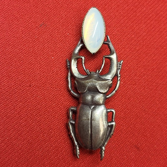 VTG Silver Tone Beetle Brooch Pin Resin Opalite