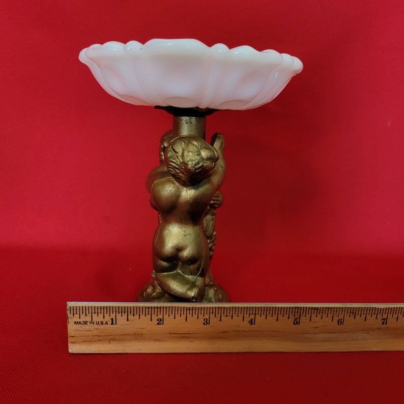 Vintage Milk Glass Vanity Dish With Ceramic Cherub Base Trinket Jewelry
