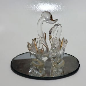 Vintage Pair Clear Glass Swan Figures Mirror Stand Gold Color Accents