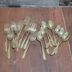 Juego de cubiertos vintage chapados en oro, 18 piezas, acero inoxidable marcado, Corea