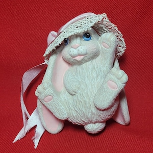 Long Ears Bunny Rabbit on Back Figurine Hat Pink Bow