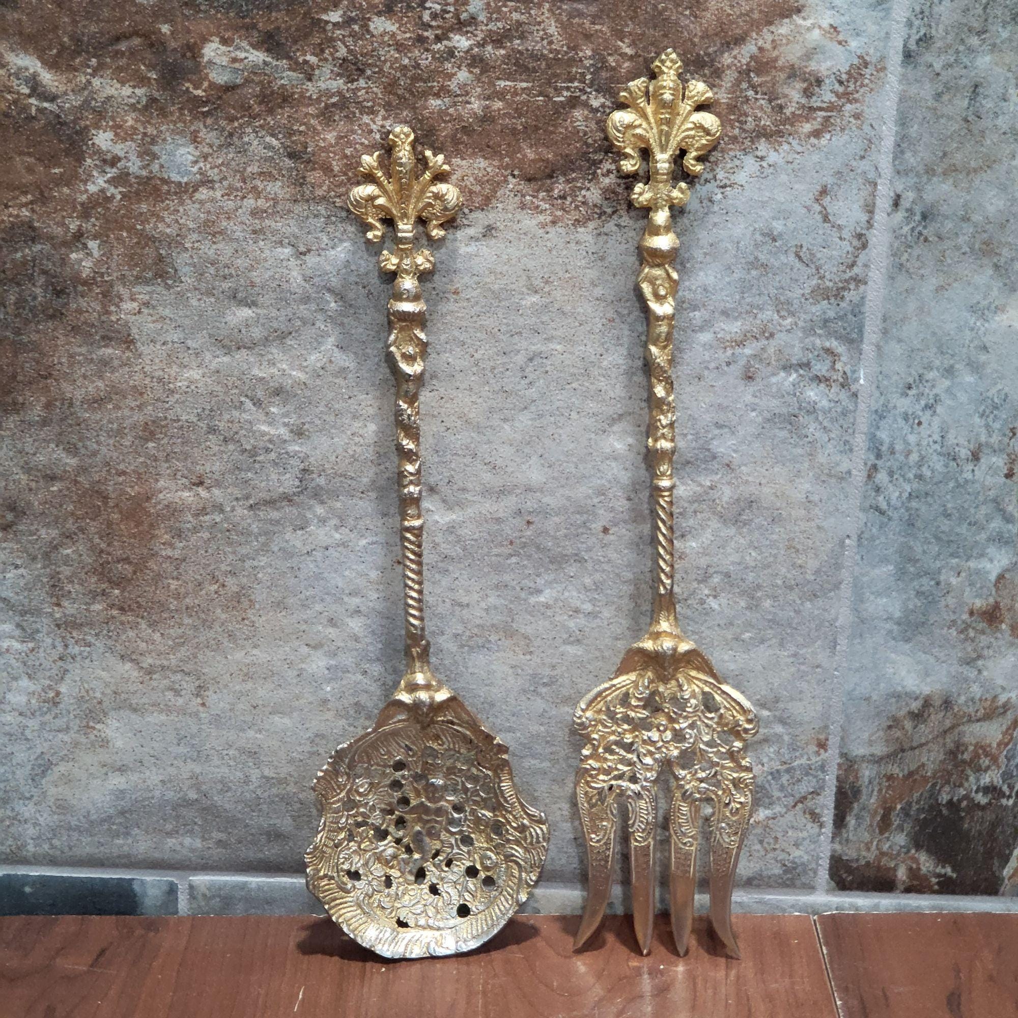 Vintage Margro Italy Gold Tone Brass Serving Spoon Fork