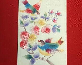 Vintage A Joyful Birthday Postcard Embossed Roses Birds 1910