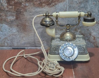 Vintage French Victorian Style Cream & Gold Rotary Dial Cradle Phone Desk Telephone Brass