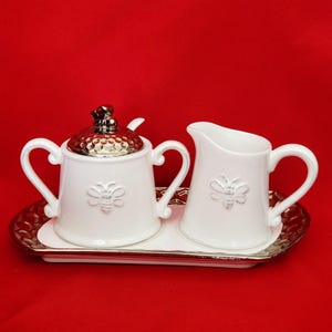 Honeycomb Bee Hive Creamer kan suiker opscheplepel set met blad wit porselein 5 stuks