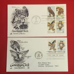 May include: Two First Day of Issue envelopes featuring illustrations of American owls. One envelope has stamps with owl images. The envelopes are stamped with "Fairbanks, AK AUG 26 1978". The text "American Owls Symbols of Wisdom" is printed on one envelope.