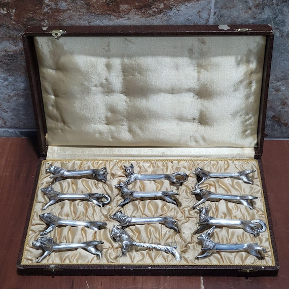 Lot De 12 Porte-couteaux En Métal Argenté, Motif Animaux (1920-1950, Vintage)
