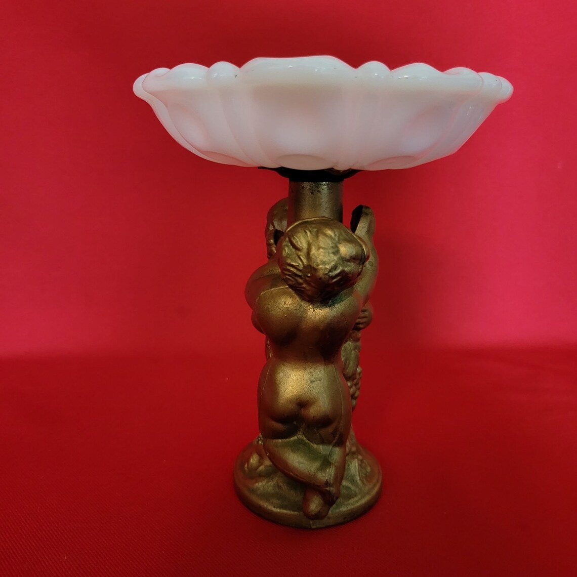 Vintage Milk Glass Vanity Dish With Ceramic Cherub Base Trinket Jewelry