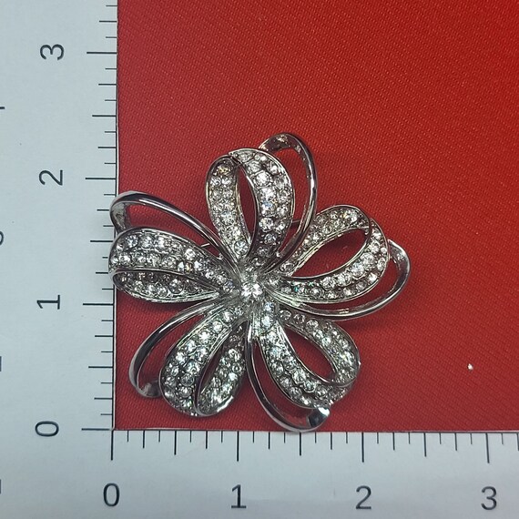 Monet  Silver Tone Clear Rhinestone Bow Flower Br… - image 8