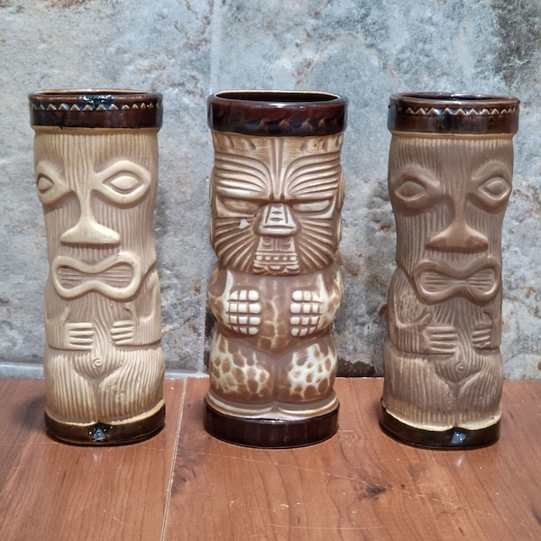 VTG Hawaii Kai & PMP Brown Matte Sculpted Tiki Totem Mug Glazed Trim Set of 3