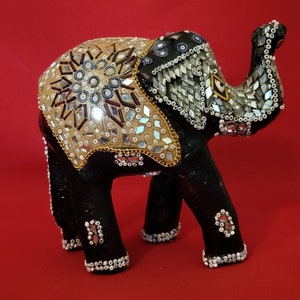 Embellished Elephant Beads Mirror Bits Raised Trunk Figurine