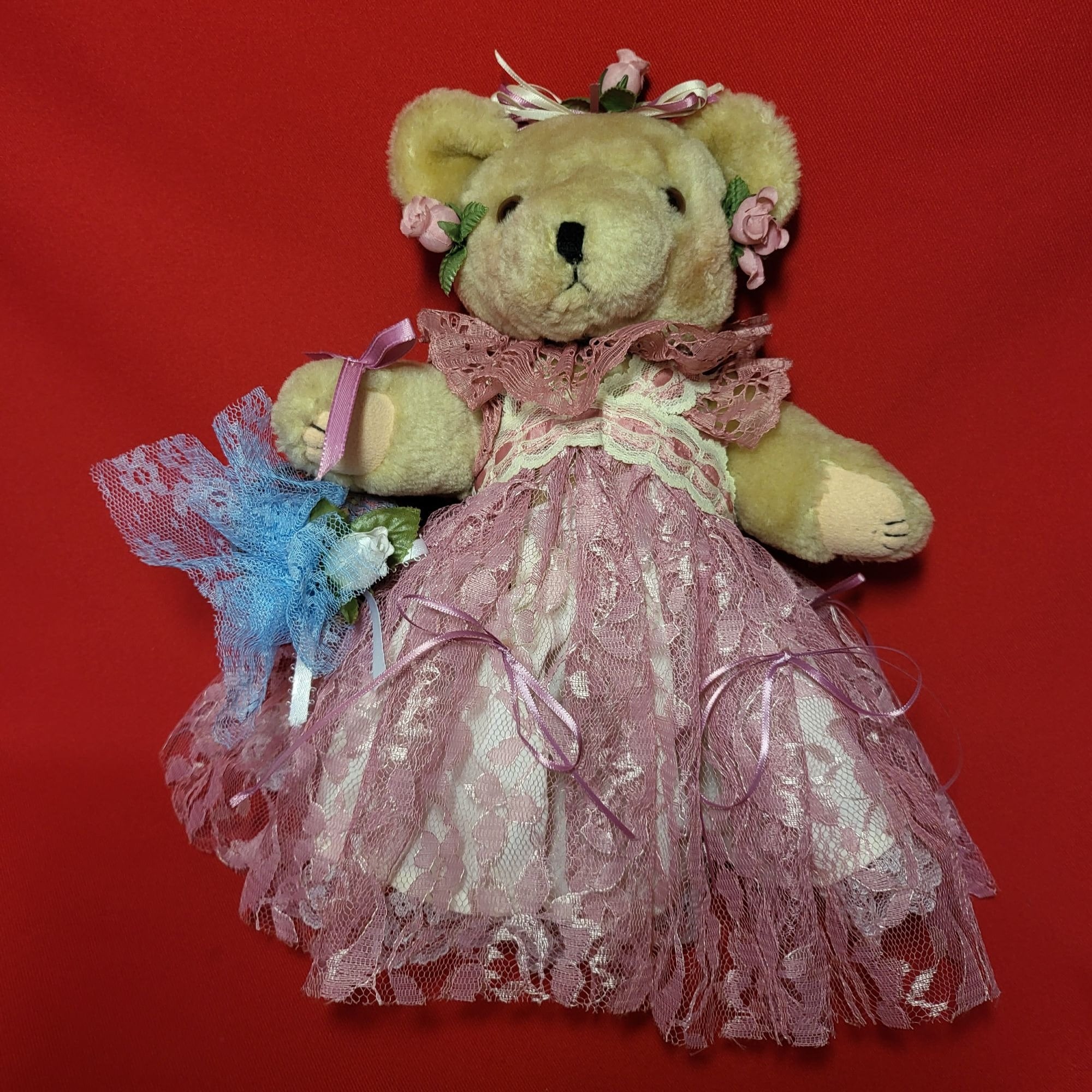 Vintage Flower Girl Teddy Bear: Pink Rose Lace Dress, 12