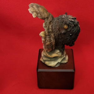 Small Buffalo Bison Head Bust Sculpture Figurine Wood Base