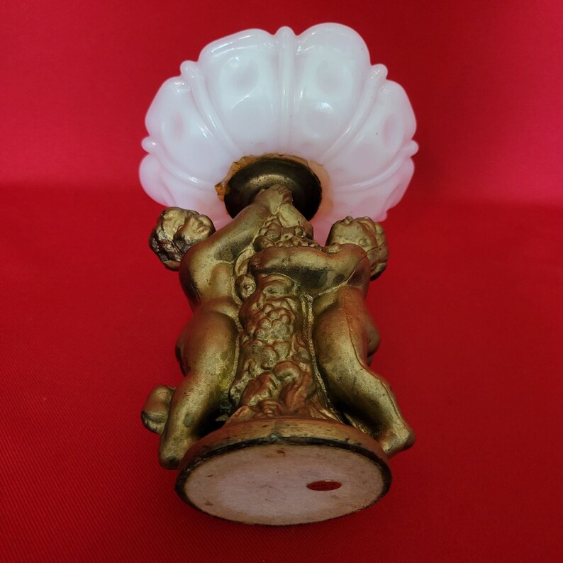 Vintage Milk Glass Vanity Dish With Ceramic Cherub Base Trinket Jewelry