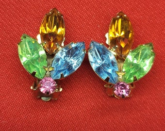 Boucle D'oreille Vintage à Pince Avec Strass Multicolores - Occasion - Quelques Strass Manquants