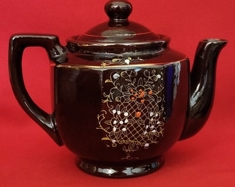 VTG Hand Painted Gold Trim Dark Brown Teapot Made In Japan