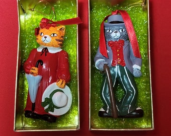 VTG Ceramic Cat Couple Christmas Ornaments Set of 2