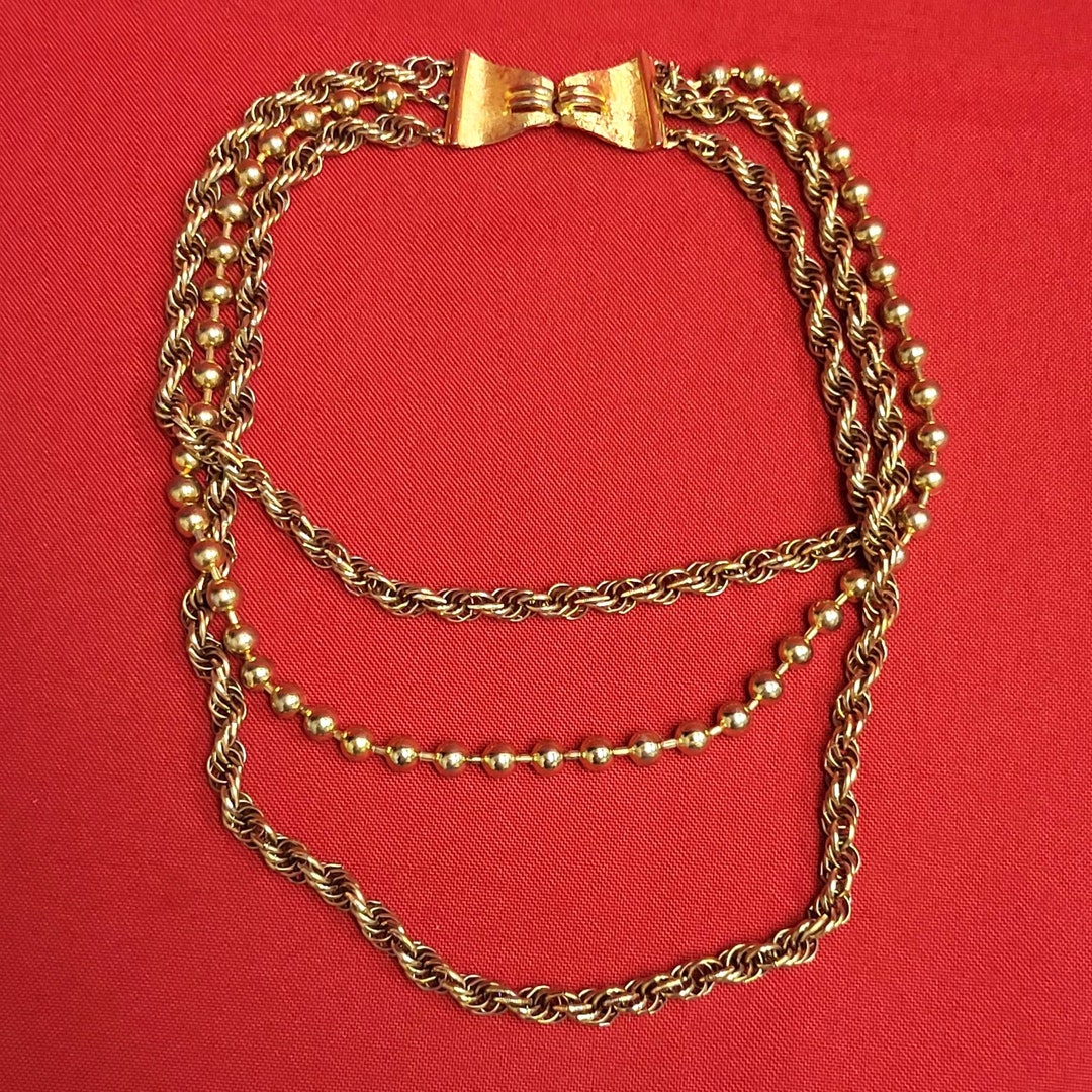 French Rope Style Chain Vintage French Rope Chain and Bead Necklace Gold Plated 3 Layered - Etsy