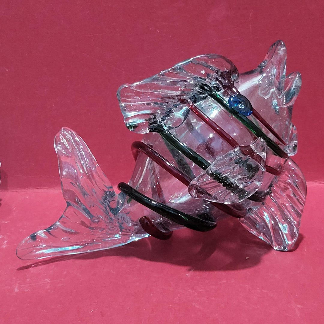 Decorative Fish Sculpture Blown Glass Colorless Red Green Colored Foil ...