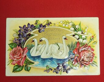 Sincere Birthday Wish Postcard Embossed Swan Lake Roses Lily of the Valley