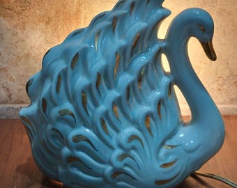 Vintage Vergoldete Blauer Schwan TV Lampe Nachtlicht Keramik