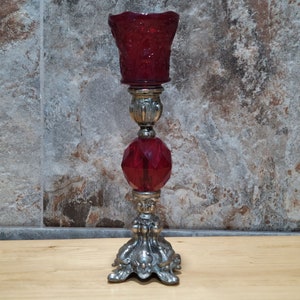 VTG  Ruby Red Glass and Metal Candle Holder