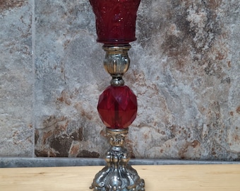 VTG  Ruby Red Glass and Metal Candle Holder