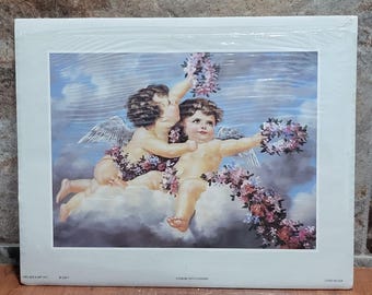 Vintage Unframed Cherubs with Flowers Art Print 1995