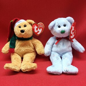 Flaky The Bear & 2003 Holiday Teddy Beanies: Christmas Plush Ornaments Set