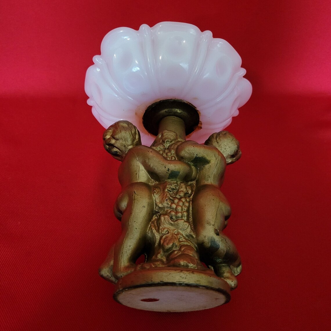 Vintage Milk Glass Vanity Dish With Ceramic Cherub Base Trinket Jewelry
