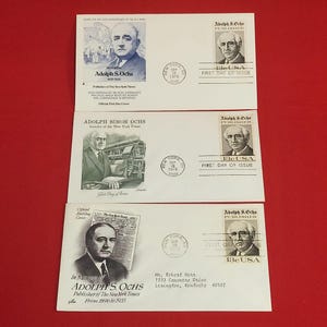 May include: Three First Day of Issue envelopes featuring portraits of Adolph S. Ochs, publisher of The New York Times. Each envelope has a 13¢ USA stamp and a New York postmark from September 18, 1976. The envelopes are on a red background.
