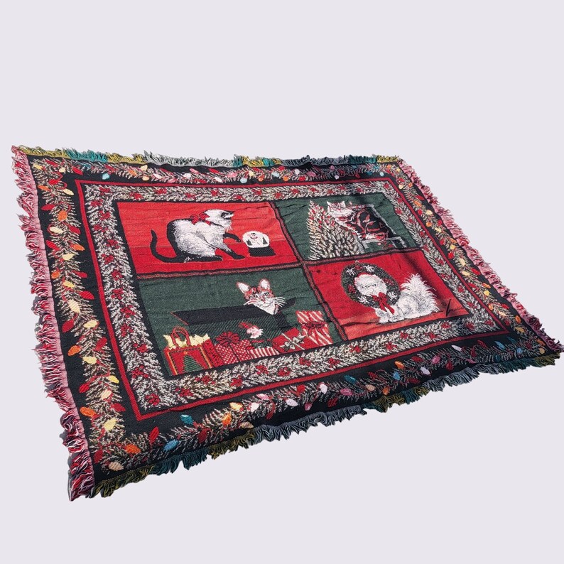 VTG Goodwin Weavers Throw Blanket Woven Cat Christmas Etsy