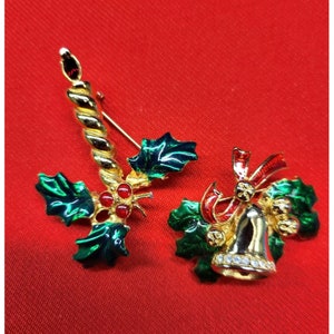 Christmas Pins Brooch Christmas Holly Berry marked &quot;AK&quot; & Holly Leaf Bell Pins Set of 2