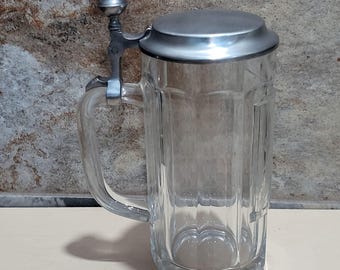 Vintage Old Germany Etched Wheat Glass Jug Beer Stein Pewter Hinged Lid
