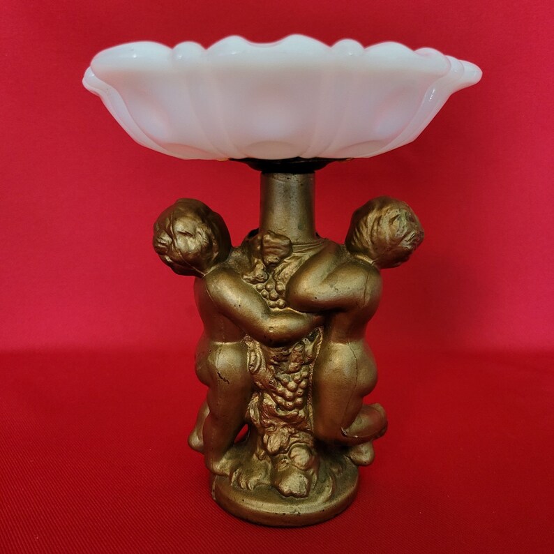Vintage Milk Glass Vanity Dish With Ceramic Cherub Base Trinket Jewelry