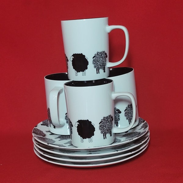 Fitz and Floyd Variations Black and White Sheep Design Cup and Saucer Set of 4