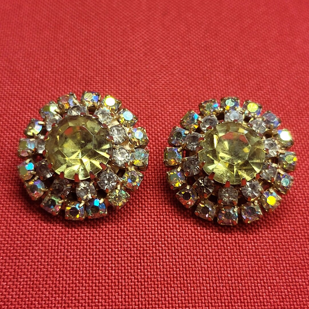 Boucles D'oreilles Vintage Clips Ambrolithe Jaune Effet Ambre - Bijou Ancien - Réf D150