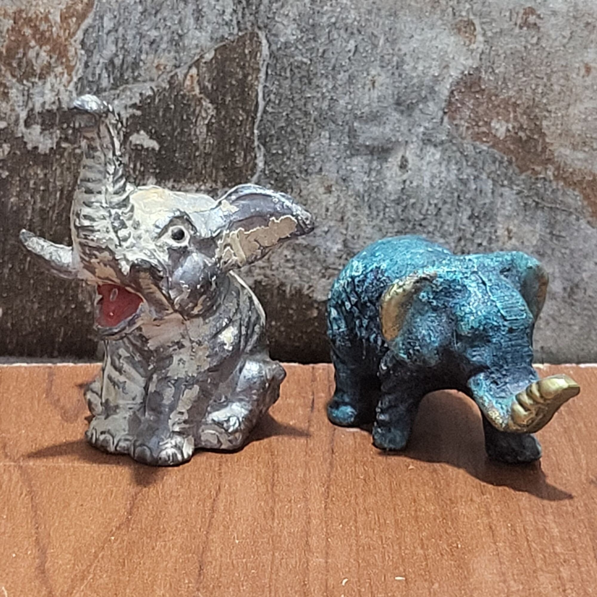 Vintage Miniature Metal Gray Blue Elephant Figurine Set of 2