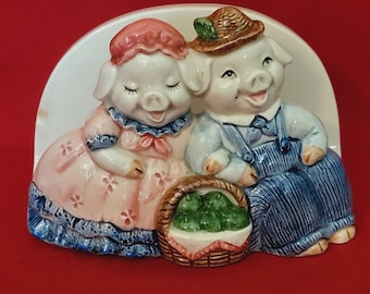 Vintage Otagiri Piggy Pair Napkin Holder Ceramic Country Farm Pig Theme