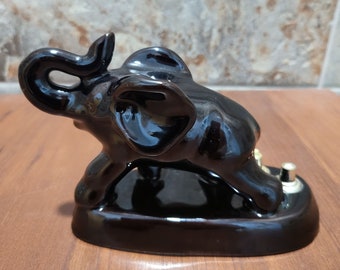 Vintage Black Brown Ceramic Elephant Raised Trunk Figurine Home Office Decor