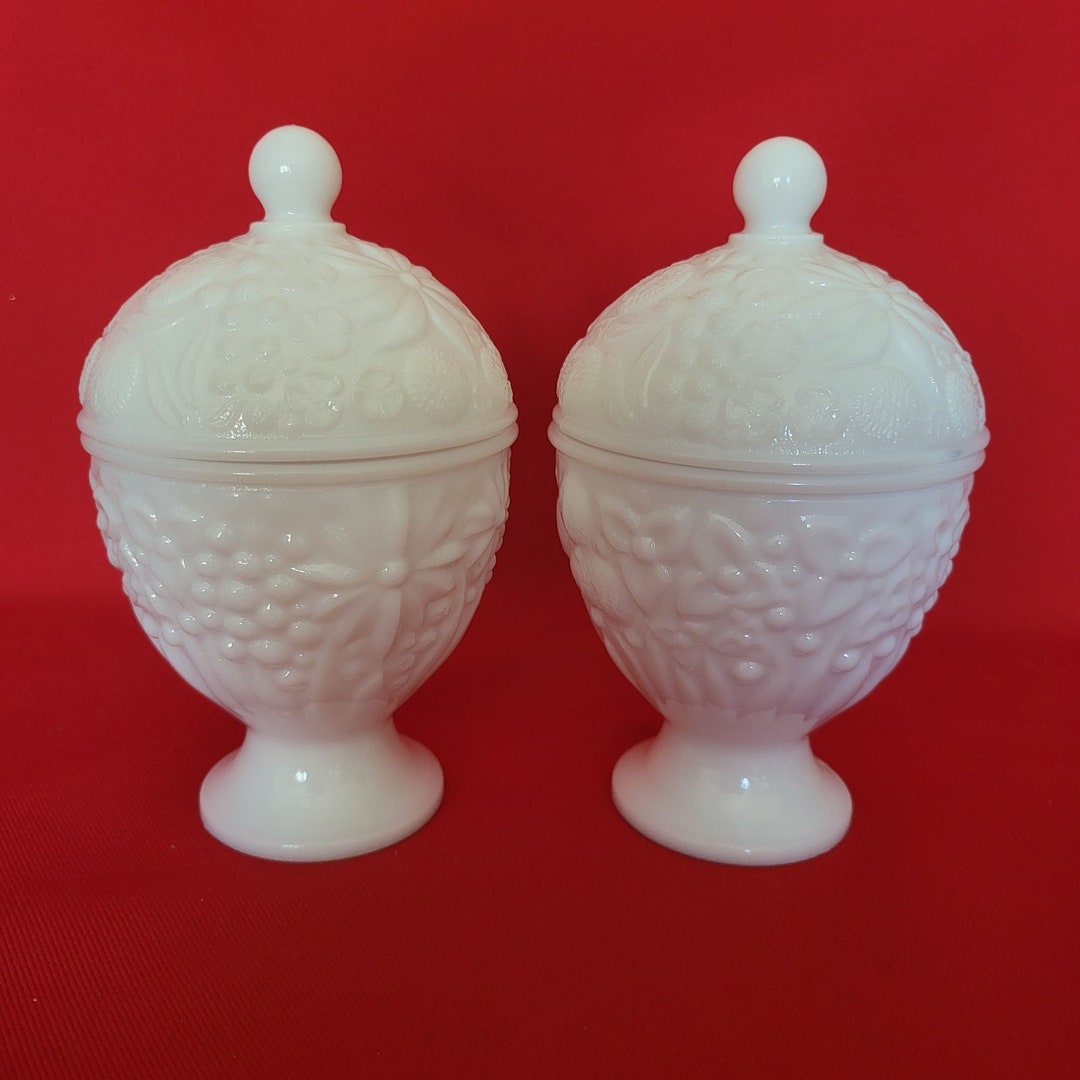 Vintage Candy Dish Avon White Milk Glass Pedestal Compote Floral Lot of 2 Etsy