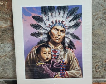 Lámina artística vintage sin marco de Two Braves de 1983, firmada por Ampe, litografía de nativos americanos.