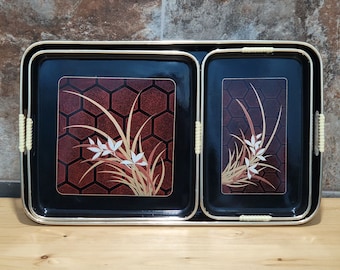 VTG Lacquer Beverage Serving Tray Barware Rectangular Square Black Enamel Floral Design Set of 3