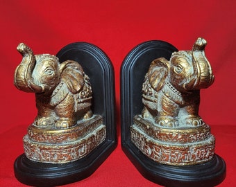 Vintage Pair of Golden Resin Elephant Bookends Elephant Decor