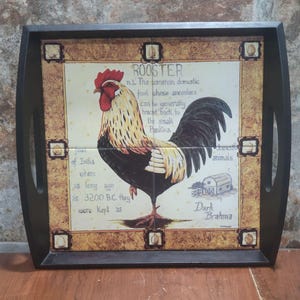 Ceramic Trivet Tile Chicken Rooster Serving Tray Cut Out Handles Wood Base Farmhouse Country Kitchen