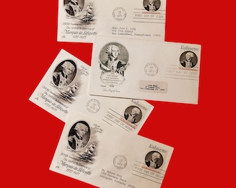 Conjunto de 4 envelopes de selos do Marquês de Lafayette, primeiro dia de emissão